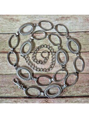Y2K Silver-Toned Metal Chain Belt Geometric Oval 50" Large Mod Style